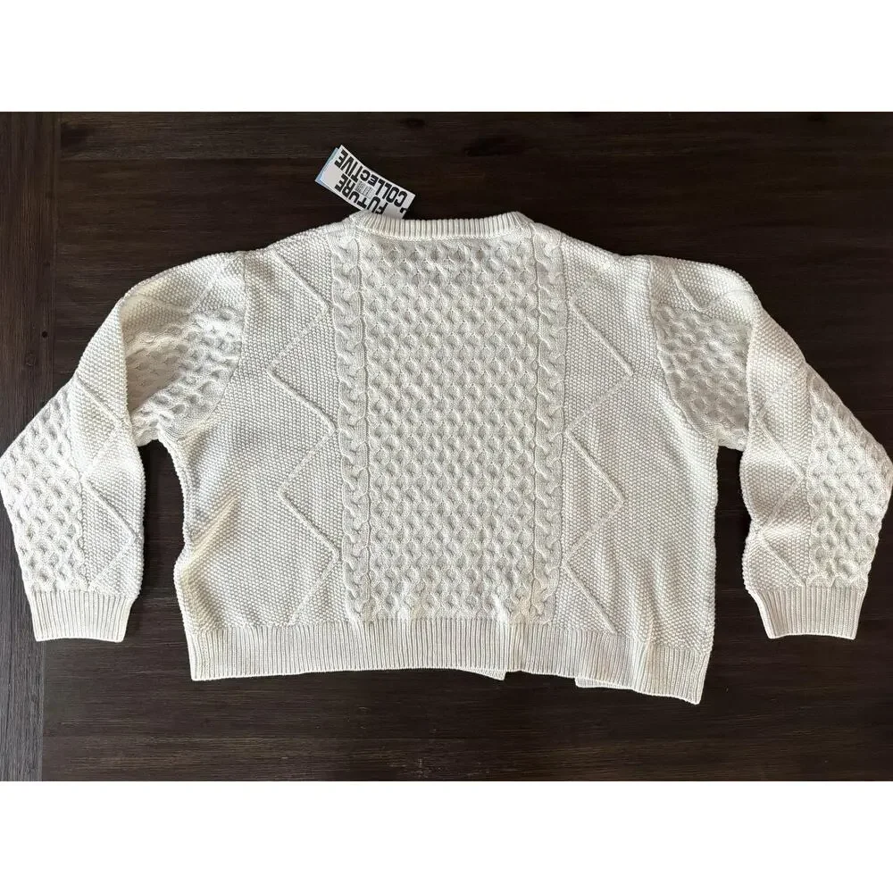 Future Collective Sweater Womens 2X White Cable Knit Raglan Pullover Crew Neck